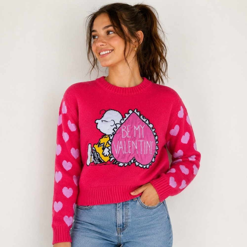 Peanuts Sweater Women's Size XS Pink Good Be My Valentine Heart Sleeves